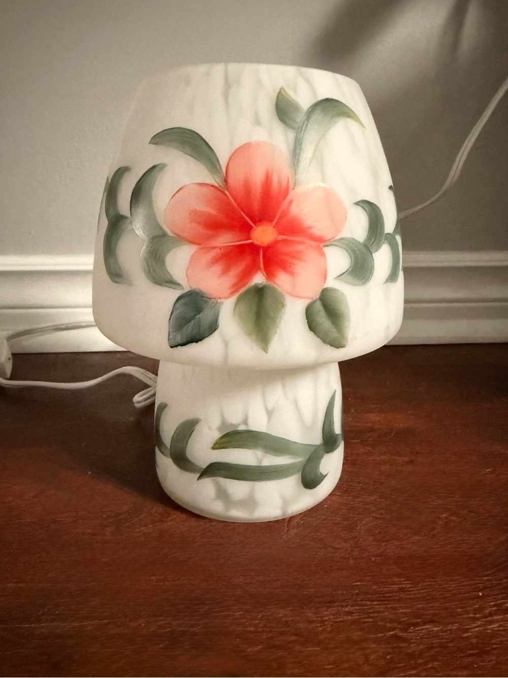 Rare Vintage Hand-Painted Floral White Frosted Glass Mushroom Table Lamp